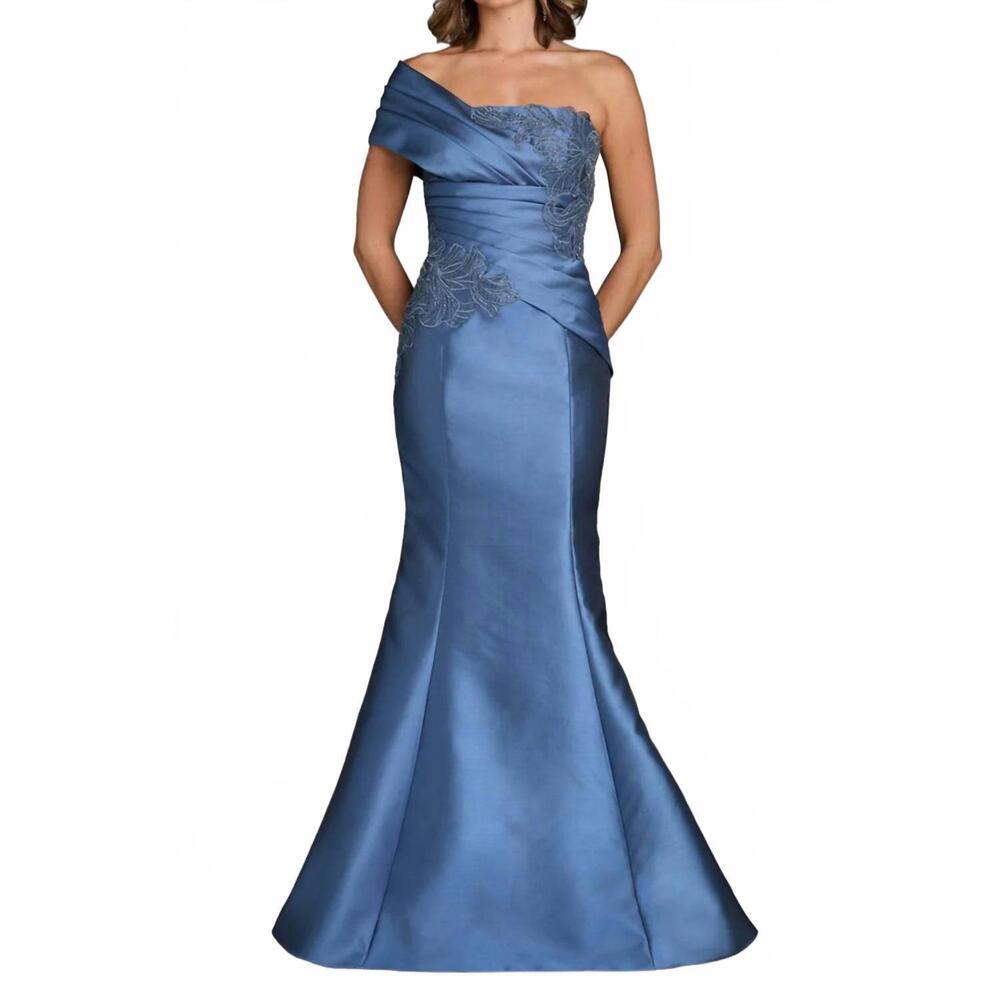 NEW GIA FRANCO one shoulder pleat with embrodered bodice evening gown in slate